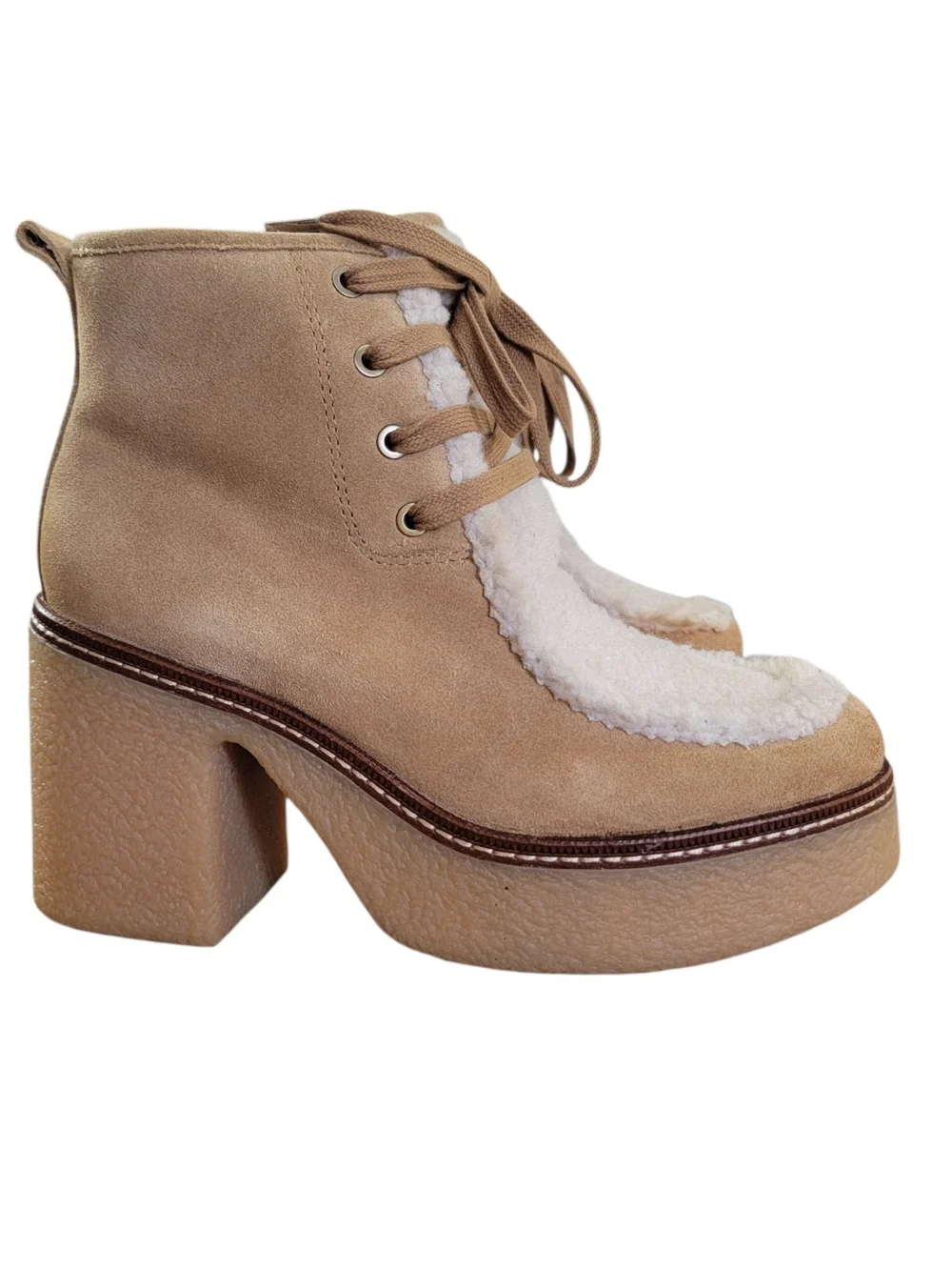 Sam Edelman Taupe Suede Platform Ankle Boots with Shearling Trim